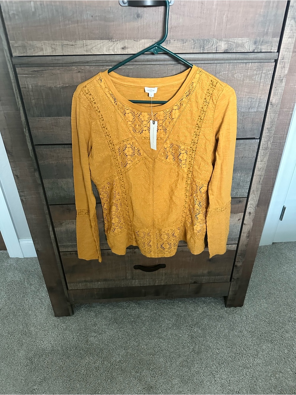 Mustard Lace-Detail Long Sleeve Top Anthropologie